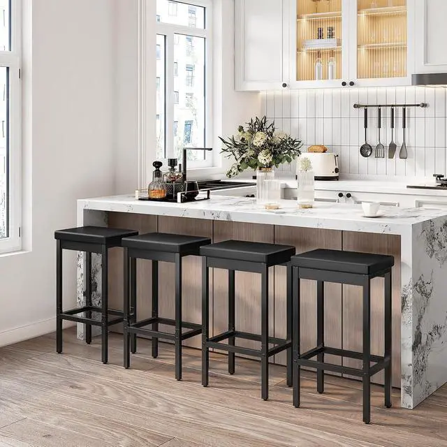 Alt view image 4 of 7 - Bar Stools, Set of 4 Bar Chairs, 24.8-Inch Height Stools, Breakfast Bar Stools, Kitchen Stools, 2" Thick Upholstery, for Kitchen, Dining Room, Cafe, Bar Counter, Black BB21BYP401
