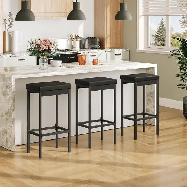 Alt view image 2 of 7 - Bar Stools, Set of 3 Modern Black Rectangular Bar Chairs, 24.8-Inch Height, 2" Thick Upholstered Seat with High-Density Sponge, for Kitchen, Dining Room, Cafe, Bar Counter, Black BB21BYP301