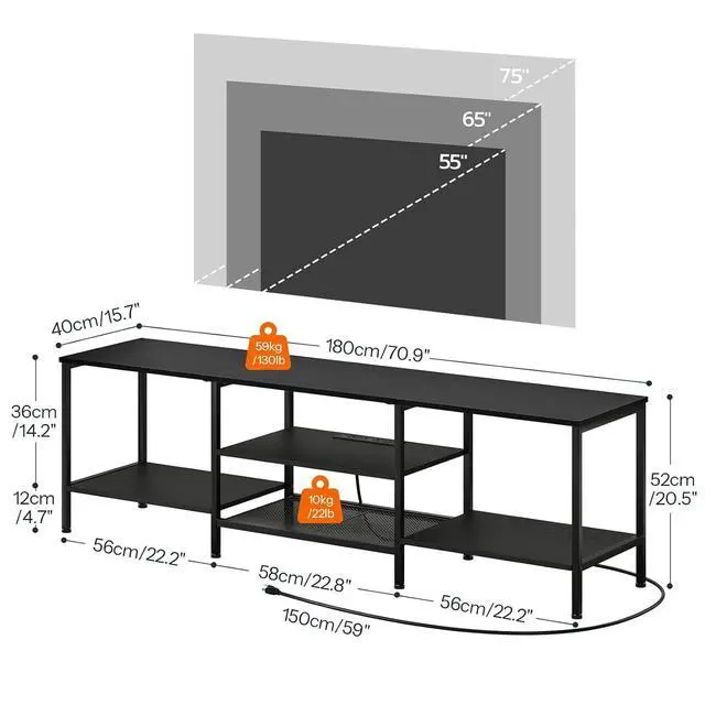 Alt view image 3 of 7 - TV Stand with Power Outlets to 75 Inches, TV Console Table with Open Storage Shelves Cabinet, Industrial Media Entertainment Center for Living Room Bedroom, Black BB80DS01