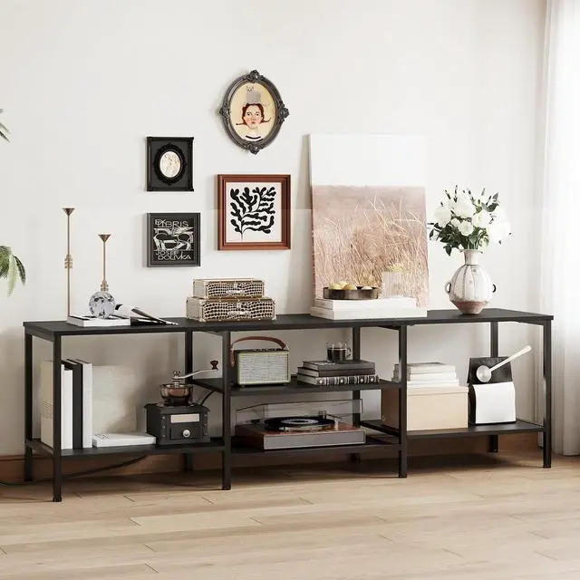 Alt view image 4 of 7 - TV Stand with Power Outlets to 75 Inches, TV Console Table with Open Storage Shelves Cabinet, Industrial Media Entertainment Center for Living Room Bedroom, Black BB80DS01