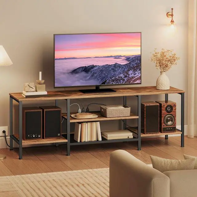 Main image of TV Stand with Power Outlets to 75 Inches, TV Console Table with Open Storage Shelves Cabinet, Industrial Media Entertainment Center for Living Room Bedroom, Rustic Brown and Black BF60DS01