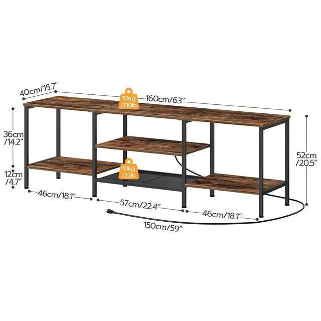 Alt view image 2 of 7 - TV Stand with Power Outlets to 75 Inches, TV Console Table with Open Storage Shelves Cabinet, Industrial Media Entertainment Center for Living Room Bedroom, Rustic Brown and Black BF60DS01