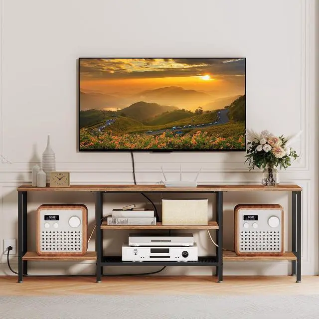 Alt view image 3 of 7 - TV Stand with Power Outlets to 75 Inches, TV Console Table with Open Storage Shelves Cabinet, Industrial Media Entertainment Center for Living Room Bedroom, Rustic Brown and Black BF60DS01