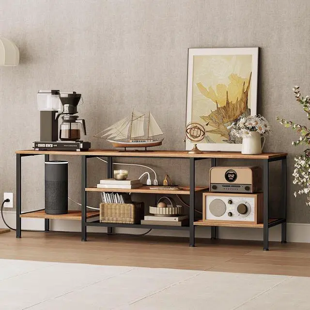 Alt view image 4 of 7 - TV Stand with Power Outlets to 75 Inches, TV Console Table with Open Storage Shelves Cabinet, Industrial Media Entertainment Center for Living Room Bedroom, Rustic Brown and Black BF60DS01