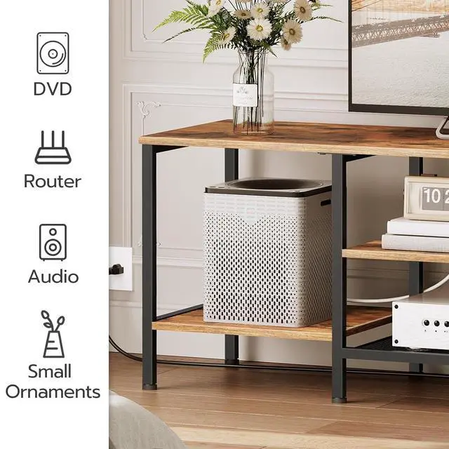 Alt view image 5 of 7 - TV Stand with Power Outlets to 75 Inches, TV Console Table with Open Storage Shelves Cabinet, Industrial Media Entertainment Center for Living Room Bedroom, Rustic Brown and Black BF60DS01