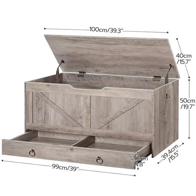 Alt view image 3 of 7 - Storage Chest, 39.3" Toy Chest with Drawer, Wooden Storage Bench, Sturdy Entryway Bench Supports 220 lb, Safety Hinge, U-Shaped Opening, Easy Assembly, Greige BG710CW01G2