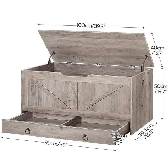 Alt view image 5 of 7 - Storage Chest, 39.3" Toy Chest with Drawer, Wooden Storage Bench, Sturdy Entryway Bench Supports 220 lb, Safety Hinge, U-Shaped Opening, Easy Assembly, Greige BG710CW01G2
