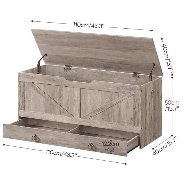 Alt view image 3 of 7 - Storage Chest, 43.3" Toy Chest with Drawer, Wooden Storage Bench, Sturdy Entryway Bench Supports 220 lb, Shoe Bench, Safety Hinge, U-Shaped Opening, Easy Assembly, Greige BG711CW01G1