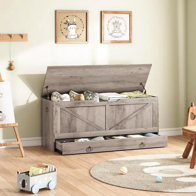 Alt view image 2 of 7 - Storage Chest, 43.3" Toy Chest with Drawer, Wooden Storage Bench, Sturdy Entryway Bench Supports 220 lb, Shoe Bench, Safety Hinge, U-Shaped Opening, Easy Assembly, Greige BG711CW01G1