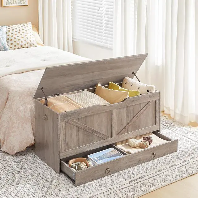 Alt view image 4 of 7 - Storage Chest, 43.3" Toy Chest with Drawer, Wooden Storage Bench, Sturdy Entryway Bench Supports 220 lb, Shoe Bench, Safety Hinge, U-Shaped Opening, Easy Assembly, Greige BG711CW01G1