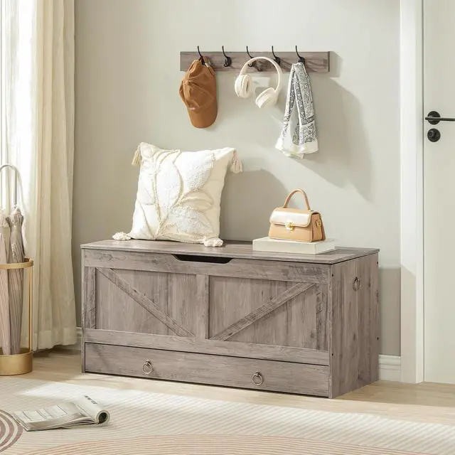 Alt view image 5 of 7 - Storage Chest, 43.3" Toy Chest with Drawer, Wooden Storage Bench, Sturdy Entryway Bench Supports 220 lb, Shoe Bench, Safety Hinge, U-Shaped Opening, Easy Assembly, Greige BG711CW01G1