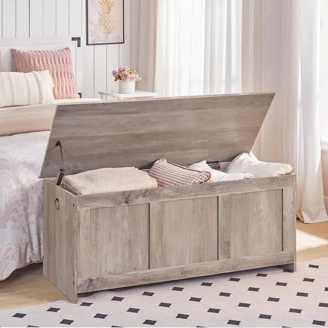 Alt view image 2 of 7 - Storage Bench, 39.3" Retro Wooden Storage Chest, Wooden Storage Trunk, Toy Chest with Lift Top, Multifunctional Entryway Organizer, for Entryway, Living Room, Greige BG141CW01