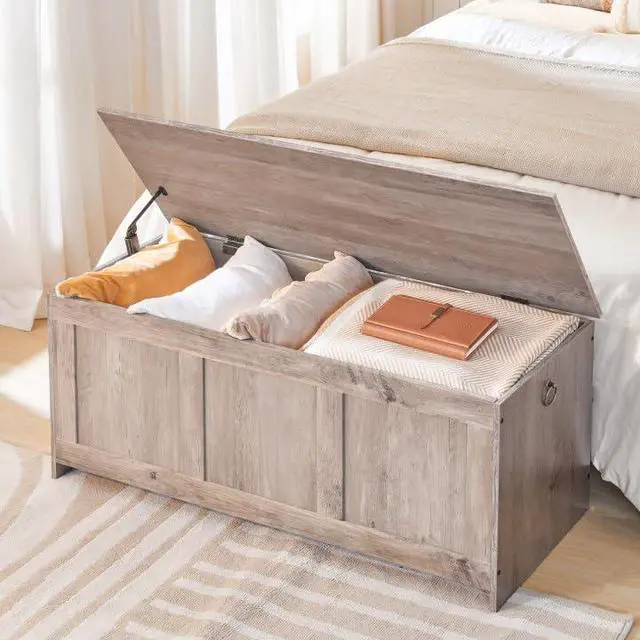Alt view image 7 of 7 - Storage Bench, 39.3" Retro Wooden Storage Chest, Wooden Storage Trunk, Toy Chest with Lift Top, Multifunctional Entryway Organizer, for Entryway, Living Room, Greige BG141CW01