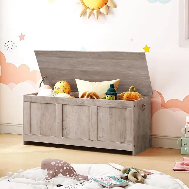 Alt view image 4 of 7 - Storage Bench, 39.3" Retro Wooden Storage Chest, Wooden Storage Trunk, Toy Chest with Lift Top, Multifunctional Entryway Organizer, for Entryway, Living Room, Greige BG141CW01