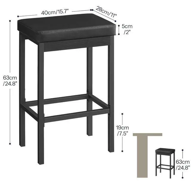 Alt view image 3 of 7 - Bar Stools, Set of 3 Modern Black Rectangular Bar Chairs, 24.8-Inch Height, 2" Thick Upholstered Seat with High-Density Sponge, for Kitchen, Dining Room, Cafe, Bar Counter, Black BB21BYP301