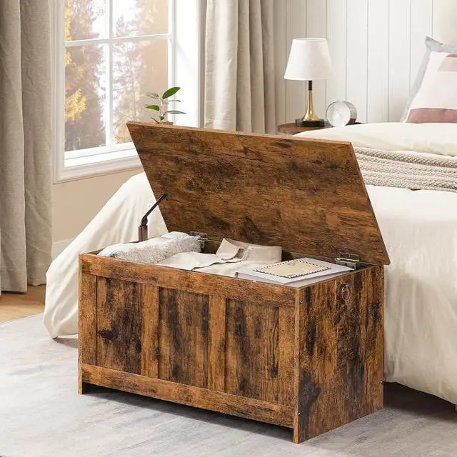 Alt view image 2 of 7 - Storage Bench, 29.5" Retro Wooden Storage Chest, Wooden Storage Trunk, Toy Chest with Lift Top, Multifunctional Entryway Organizer, for Entryway, Living Room, Rustic Brown FG751CW01