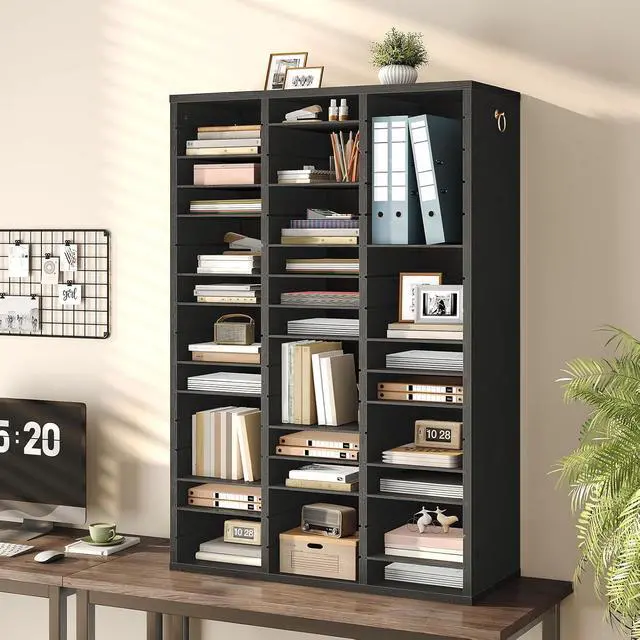 Alt view image 6 of 7 - Literature Organizer, 48 Compartments Wooden Mail Organizer, Countertop Literature Sorter with Adjustable Shelves for Home, Office, School, Student Mailbox for Classroom, Black BK163WF01