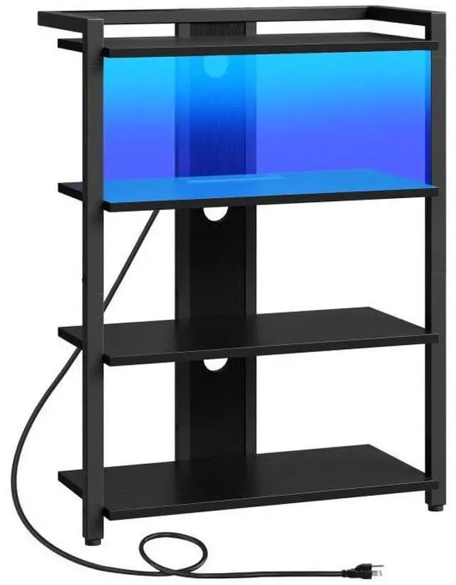 Main image of 4-Tier AV Media Stand, Media Console with Charging Station and LED Light, Wooden Stereo Cabinet, Corner TV Stand, Record Player, Entertainment Device Stand, Black BB42UDCJ01