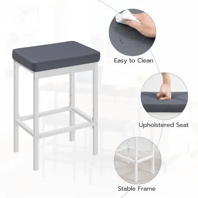 Alt view image 6 of 7 - Bar Stools, 24.8-Inch Height Stools, Breakfast Bar Stools, Kitchen Bar Chairs, 2" Thick Upholstery, for Kitchen, Dining Room, Cafe, Bar Counter, White and Gray WG21BY01