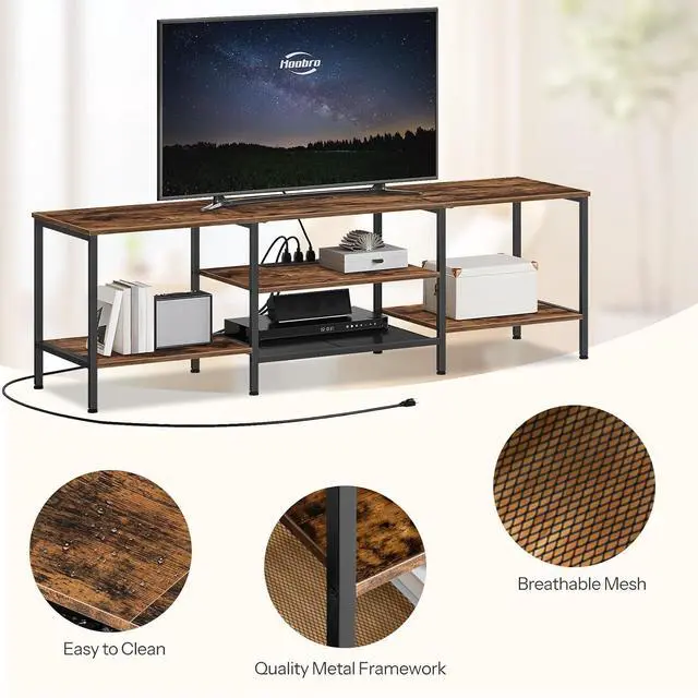 Alt view image 6 of 7 - TV Stand with Power Outlets to 75 Inches, TV Console Table with Open Storage Shelves Cabinet, Industrial Media Entertainment Center for Living Room Bedroom, Rustic Brown and Black BF60DS01