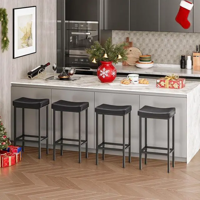 Alt view image 2 of 7 - Bar Stools,Set of 4 Bar Chairs, Counter Height Stools, Saddle Barstools, Set of 4 Kitchen Stools, 24.8 Inches Barstools, 2.4" Thick Upholstery, for Kitchen, Dining Room, Black BB10BYP401