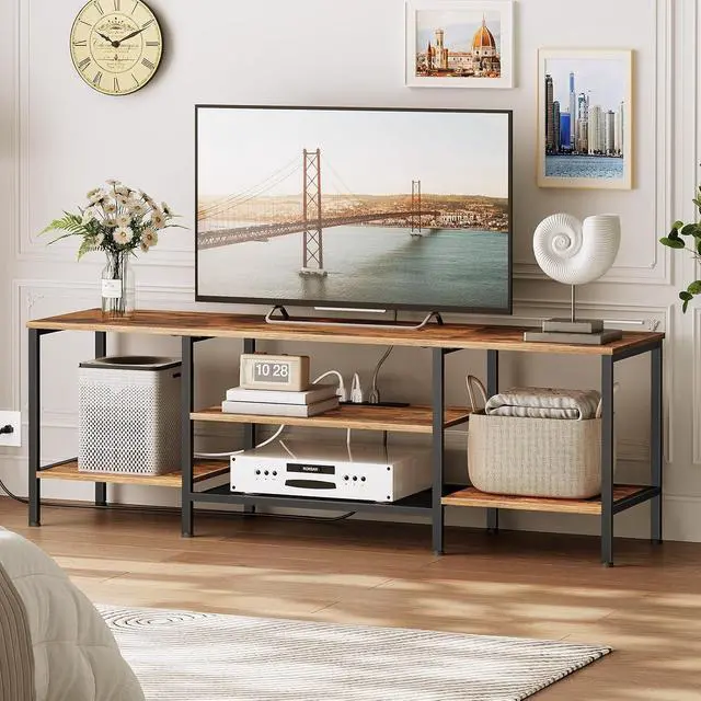 Alt view image 7 of 7 - TV Stand with Power Outlets to 75 Inches, TV Console Table with Open Storage Shelves Cabinet, Industrial Media Entertainment Center for Living Room Bedroom, Rustic Brown and Black BF60DS01