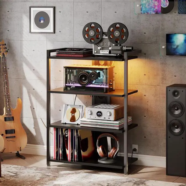 Alt view image 2 of 7 - 4-Tier AV Media Stand, Media Console with Charging Station and LED Light, Wooden Stereo Cabinet, Corner TV Stand, Record Player, Entertainment Device Stand, Black BB42UDCJ01
