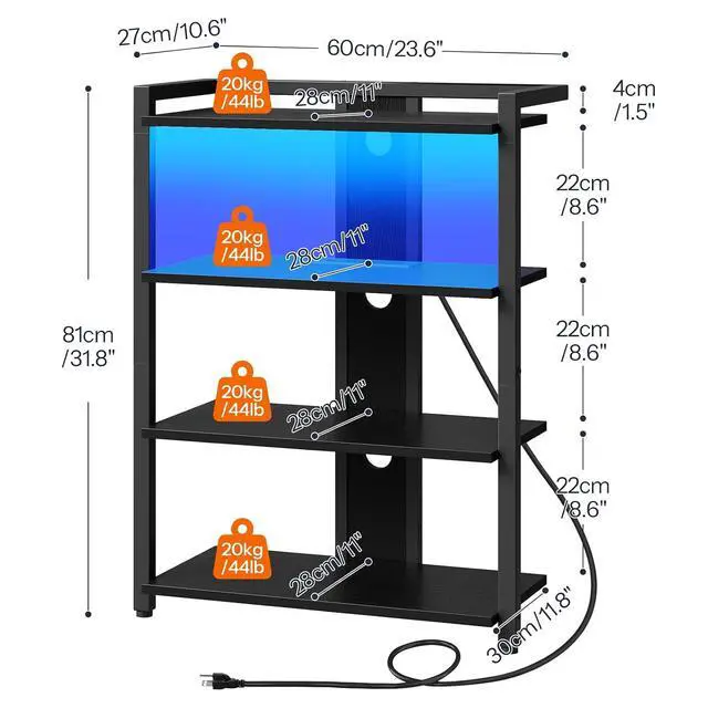 Alt view image 3 of 7 - 4-Tier AV Media Stand, Media Console with Charging Station and LED Light, Wooden Stereo Cabinet, Corner TV Stand, Record Player, Entertainment Device Stand, Black BB42UDCJ01