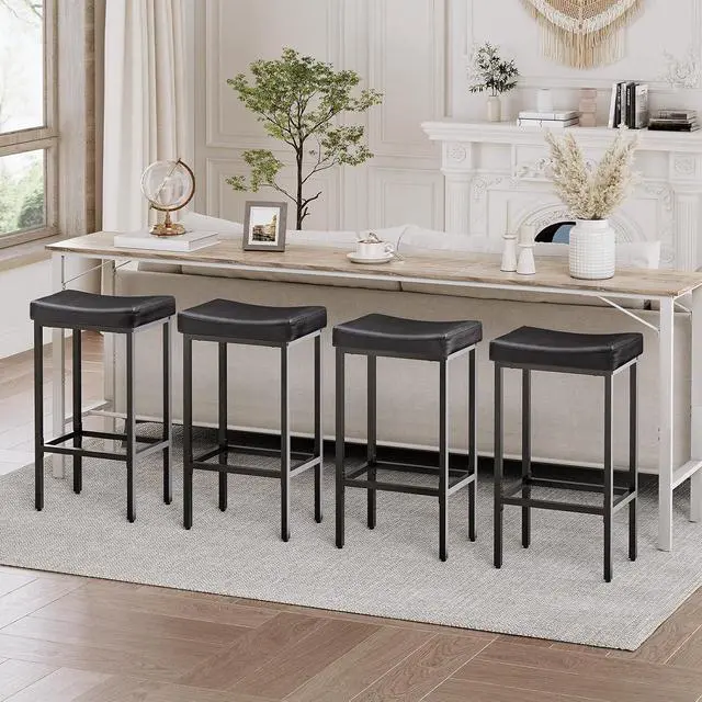 Alt view image 4 of 7 - Bar Stools,Set of 4 Bar Chairs, Counter Height Stools, Saddle Barstools, Set of 4 Kitchen Stools, 24.8 Inches Barstools, 2.4" Thick Upholstery, for Kitchen, Dining Room, Black BB10BYP401