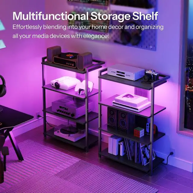 Alt view image 4 of 7 - 4-Tier AV Media Stand, Media Console with Charging Station and LED Light, Wooden Stereo Cabinet, Corner TV Stand, Record Player, Entertainment Device Stand, Black BB42UDCJ01