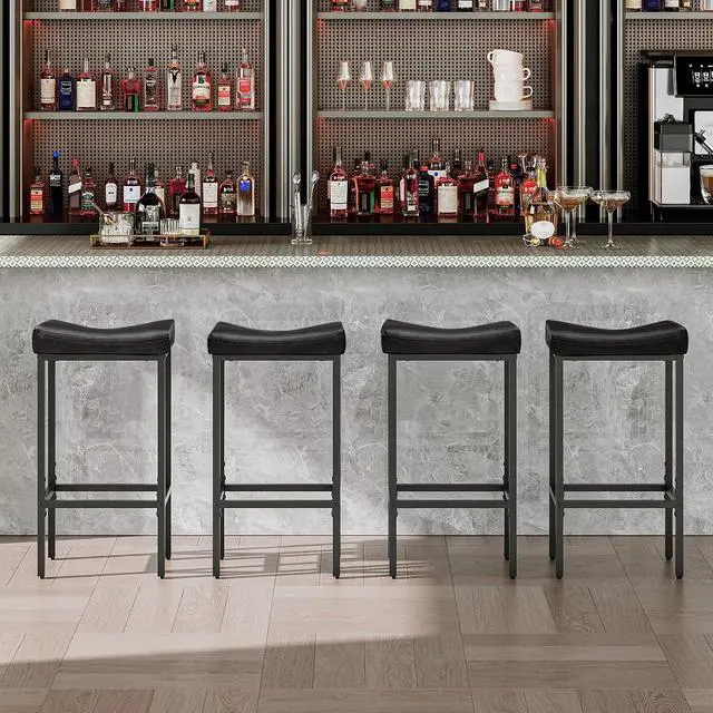 Alt view image 7 of 7 - Bar Stools,Set of 4 Bar Chairs, Counter Height Stools, Saddle Barstools, Set of 4 Kitchen Stools, 24.8 Inches Barstools, 2.4" Thick Upholstery, for Kitchen, Dining Room, Black BB10BYP401