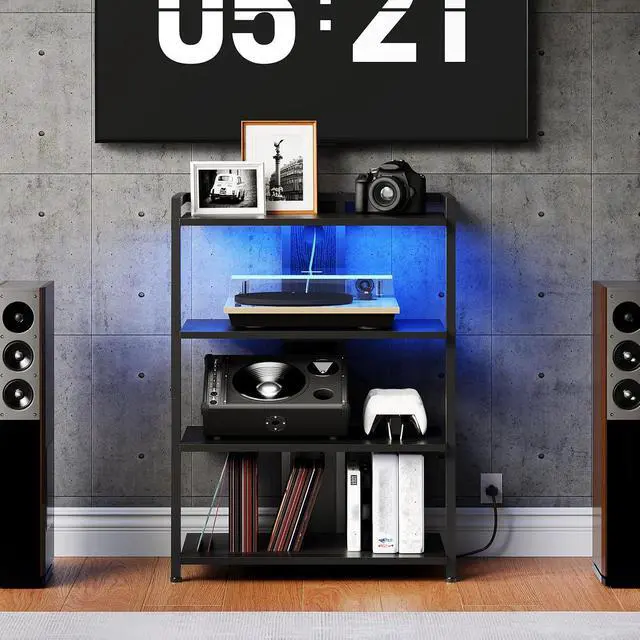 Alt view image 5 of 7 - 4-Tier AV Media Stand, Media Console with Charging Station and LED Light, Wooden Stereo Cabinet, Corner TV Stand, Record Player, Entertainment Device Stand, Black BB42UDCJ01