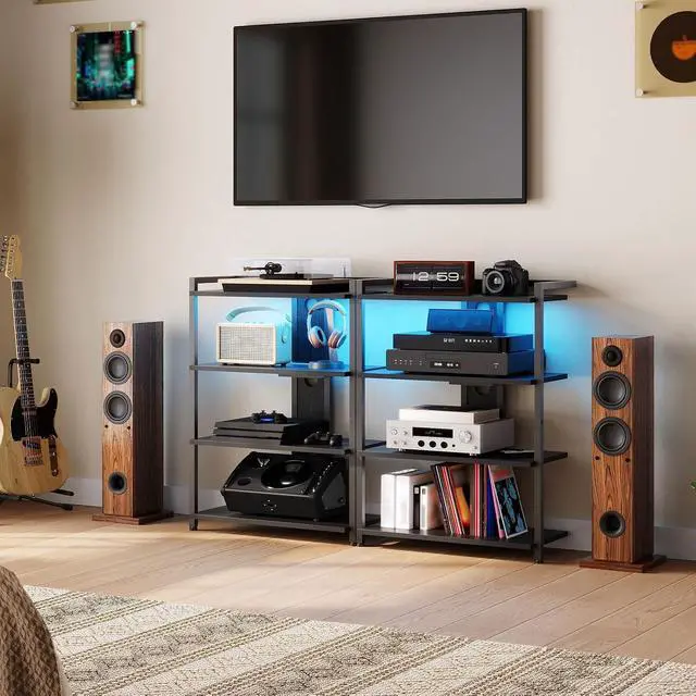 Alt view image 6 of 7 - 4-Tier AV Media Stand, Media Console with Charging Station and LED Light, Wooden Stereo Cabinet, Corner TV Stand, Record Player, Entertainment Device Stand, Black BB42UDCJ01