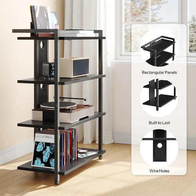 Alt view image 7 of 7 - 4-Tier AV Media Stand, Media Console with Charging Station and LED Light, Wooden Stereo Cabinet, Corner TV Stand, Record Player, Entertainment Device Stand, Black BB42UDCJ01