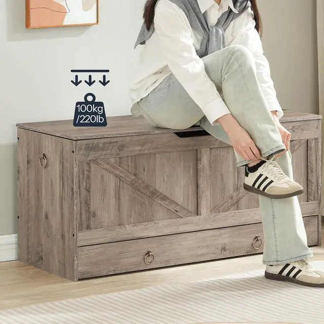 Alt view image 7 of 7 - Storage Chest, 43.3" Toy Chest with Drawer, Wooden Storage Bench, Sturdy Entryway Bench Supports 220 lb, Shoe Bench, Safety Hinge, U-Shaped Opening, Easy Assembly, Greige BG711CW01G1