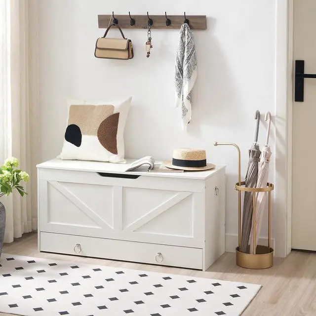 Alt view image 2 of 7 - Storage Chest, 39.3" Toy Chest with Drawer, Wooden Storage Bench, Sturdy Entryway Bench Supports 220 lb, Shoe Bench, Safety Hinge, U-Shaped Opening, Easy Assembly, White WT710CW01G2