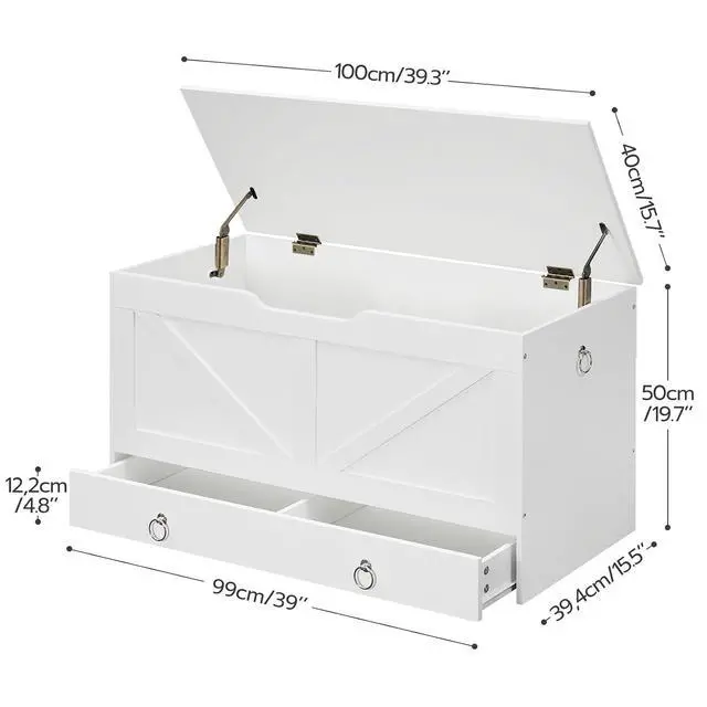 Alt view image 3 of 7 - Storage Chest, 39.3" Toy Chest with Drawer, Wooden Storage Bench, Sturdy Entryway Bench Supports 220 lb, Shoe Bench, Safety Hinge, U-Shaped Opening, Easy Assembly, White WT710CW01G2