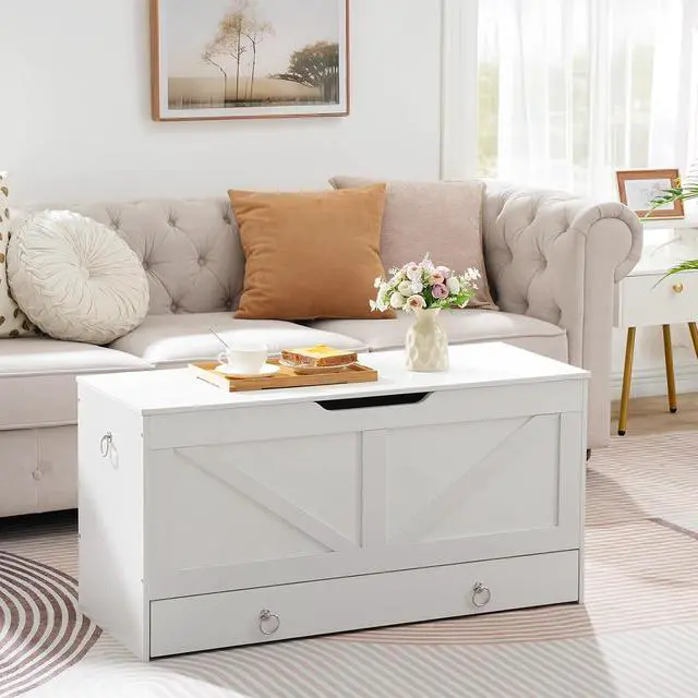 Alt view image 6 of 7 - Storage Chest, 39.3" Toy Chest with Drawer, Wooden Storage Bench, Sturdy Entryway Bench Supports 220 lb, Shoe Bench, Safety Hinge, U-Shaped Opening, Easy Assembly, White WT710CW01G2