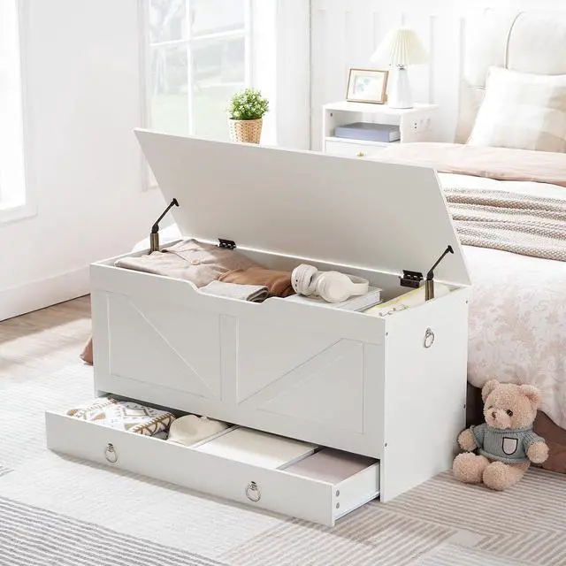 Alt view image 4 of 7 - Storage Chest, 39.3" Toy Chest with Drawer, Wooden Storage Bench, Sturdy Entryway Bench Supports 220 lb, Shoe Bench, Safety Hinge, U-Shaped Opening, Easy Assembly, White WT710CW01G2