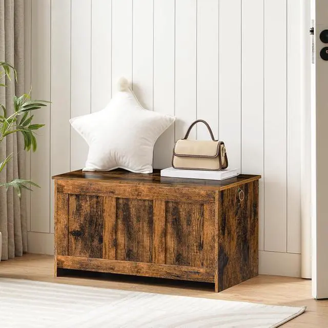 Alt view image 4 of 7 - Storage Bench, 29.5" Retro Wooden Storage Chest, Wooden Storage Trunk, Toy Chest with Lift Top, Multifunctional Entryway Organizer, for Entryway, Living Room, Rustic Brown FG751CW01