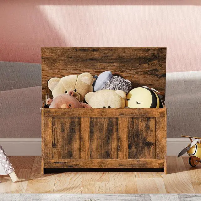 Alt view image 5 of 7 - Storage Bench, 29.5" Retro Wooden Storage Chest, Wooden Storage Trunk, Toy Chest with Lift Top, Multifunctional Entryway Organizer, for Entryway, Living Room, Rustic Brown FG751CW01