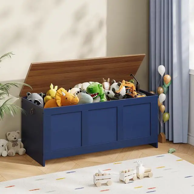 Alt view image 2 of 7 - Storage Bench, 39.3" Retro Wooden Storage Chest, Wooden Storage Trunk, Toy Chest with Lift Top, Multifunctional Entryway Organizer, for Entryway, Living Room, Blue and Walnut UH141CW01G1