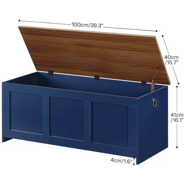 Alt view image 3 of 7 - Storage Bench, 39.3" Retro Wooden Storage Chest, Wooden Storage Trunk, Toy Chest with Lift Top, Multifunctional Entryway Organizer, for Entryway, Living Room, Blue and Walnut UH141CW01G1