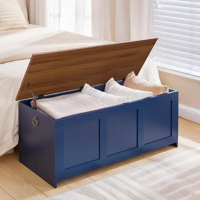 Alt view image 4 of 7 - Storage Bench, 39.3" Retro Wooden Storage Chest, Wooden Storage Trunk, Toy Chest with Lift Top, Multifunctional Entryway Organizer, for Entryway, Living Room, Blue and Walnut UH141CW01G1