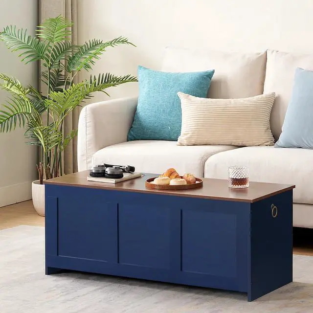 Alt view image 6 of 7 - Storage Bench, 39.3" Retro Wooden Storage Chest, Wooden Storage Trunk, Toy Chest with Lift Top, Multifunctional Entryway Organizer, for Entryway, Living Room, Blue and Walnut UH141CW01G1