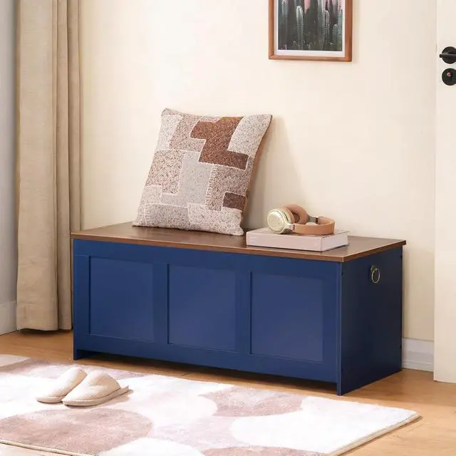 Alt view image 5 of 7 - Storage Bench, 39.3" Retro Wooden Storage Chest, Wooden Storage Trunk, Toy Chest with Lift Top, Multifunctional Entryway Organizer, for Entryway, Living Room, Blue and Walnut UH141CW01G1