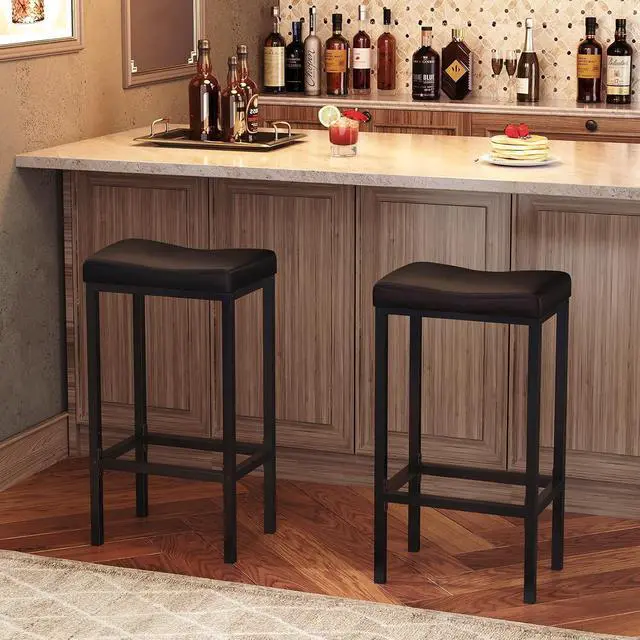 Alt view image 2 of 7 - Bar Stools, Set of 2 Bar Chairs, Counter Height Stools, Saddle Barstools with Curved Surface, 24.8 Inches, 2.4" Thick Upholstery, for Kitchen, Dining Room, Cafe Black BB10BY01