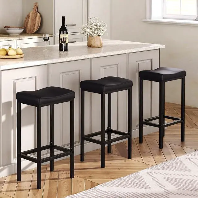 Alt view image 4 of 7 - Bar Stools, Set of 2 Bar Chairs, Counter Height Stools, Saddle Barstools with Curved Surface, 24.8 Inches, 2.4" Thick Upholstery, for Kitchen, Dining Room, Cafe Black BB10BY01