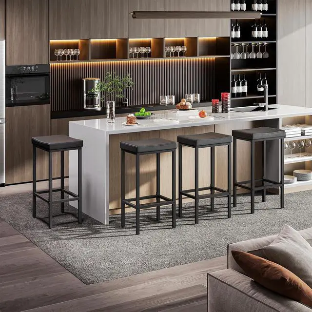 Alt view image 7 of 7 - Bar Stools, Set of 2 Bar Chairs, Counter Height Stools, Saddle Barstools with Curved Surface, 24.8 Inches, 2.4" Thick Upholstery, for Kitchen, Dining Room, Cafe Black BB10BY01