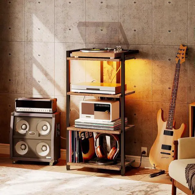 Alt view image 2 of 7 - 4-Tier AV Media Stand, Media Console with Charging Station and LED Light, Wooden Stereo Cabinet, Corner TV Stand, Record Player, Entertainment Device Stand, Rustic Brown and Black BF38UDCJ01